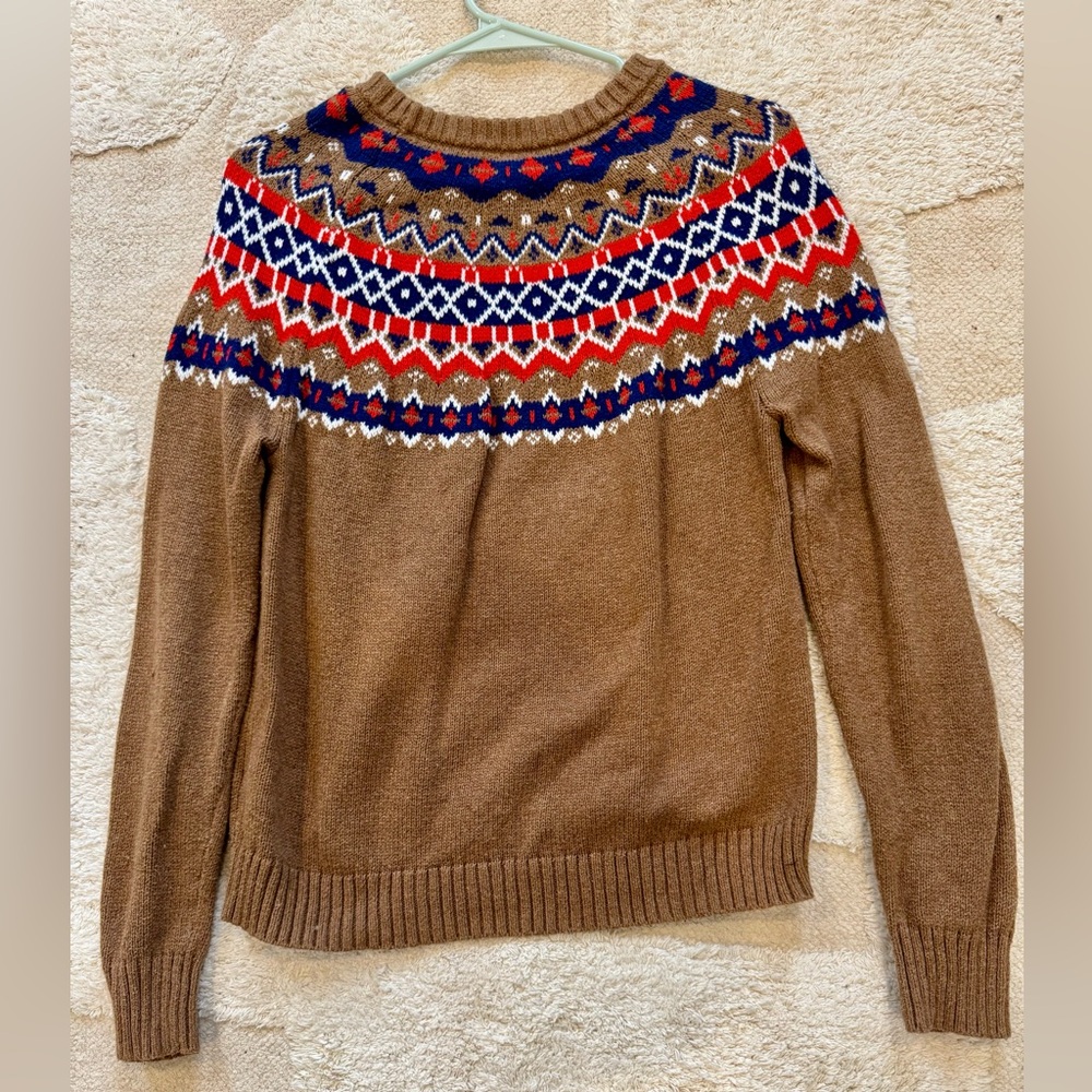 J. Crew Camel Sweater with Blue, Red, and White Fair Isle Pattern, Size S